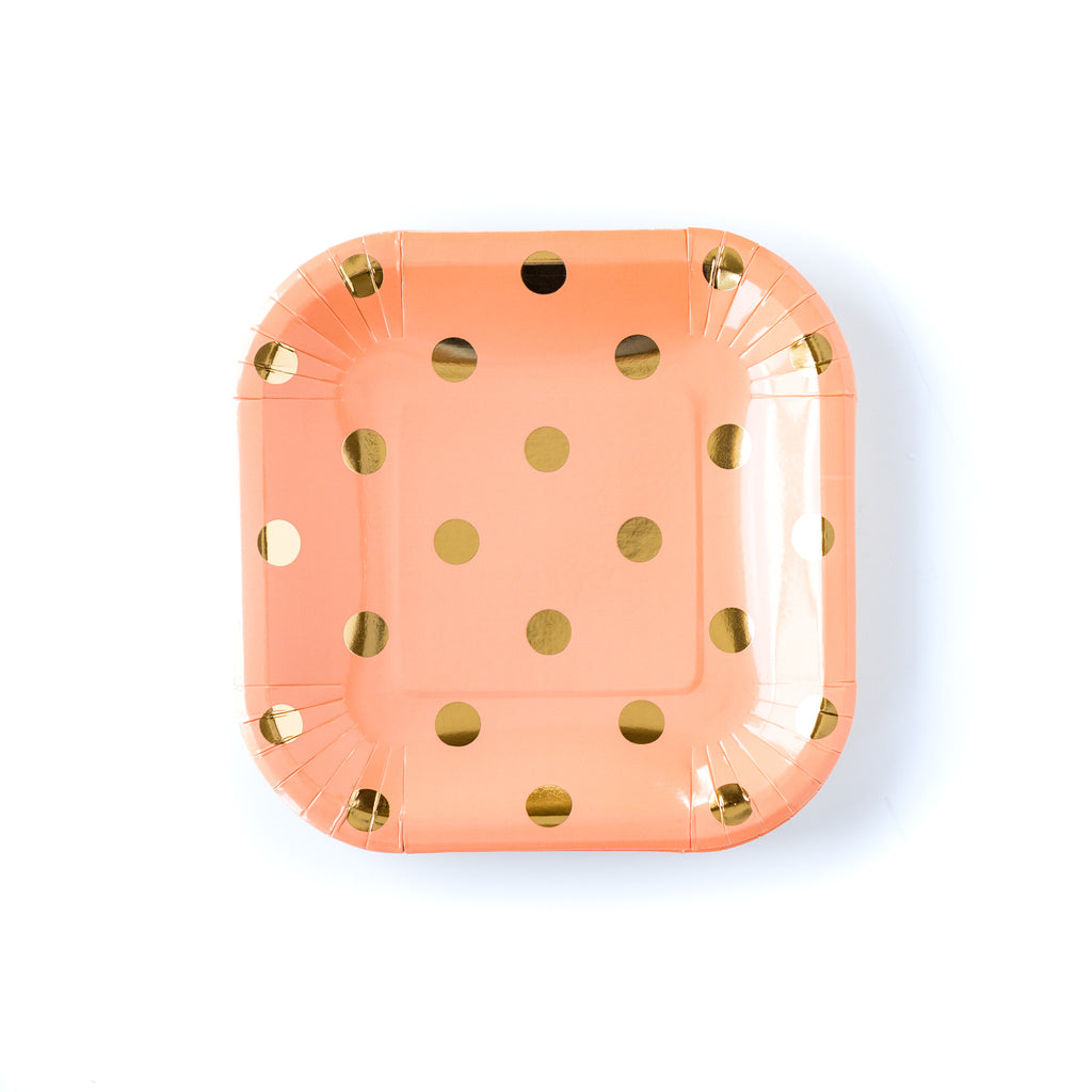 Coral, gold dot party plates.  Made by My Mind's Eye