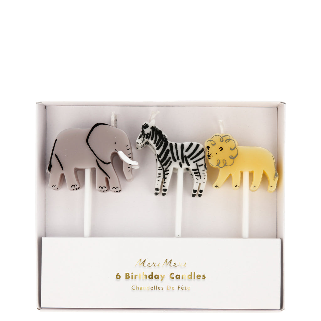 animal safari birthday party candles. Elephant, zebra and lion candles. Made by Meri Meri