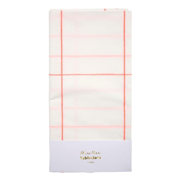 white and coral grid paper table cloth made by Meri Meri