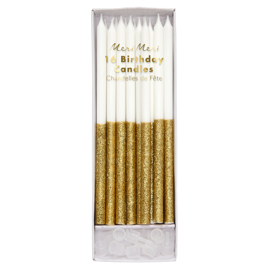 gold sparkle dipped happy birthday candles.  Made by Meri Meri