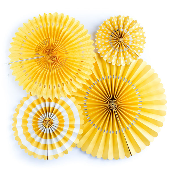 bright yellow paper party fans. Made by My Mind's Eye