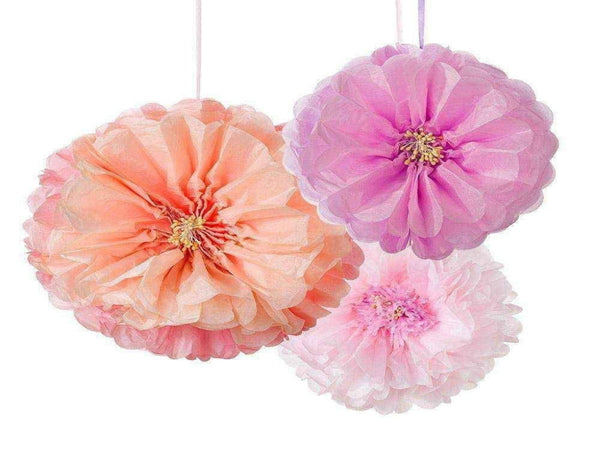 pink, peach paper Pom Pom hanging decorations for parties.  Made by Talking Tables.