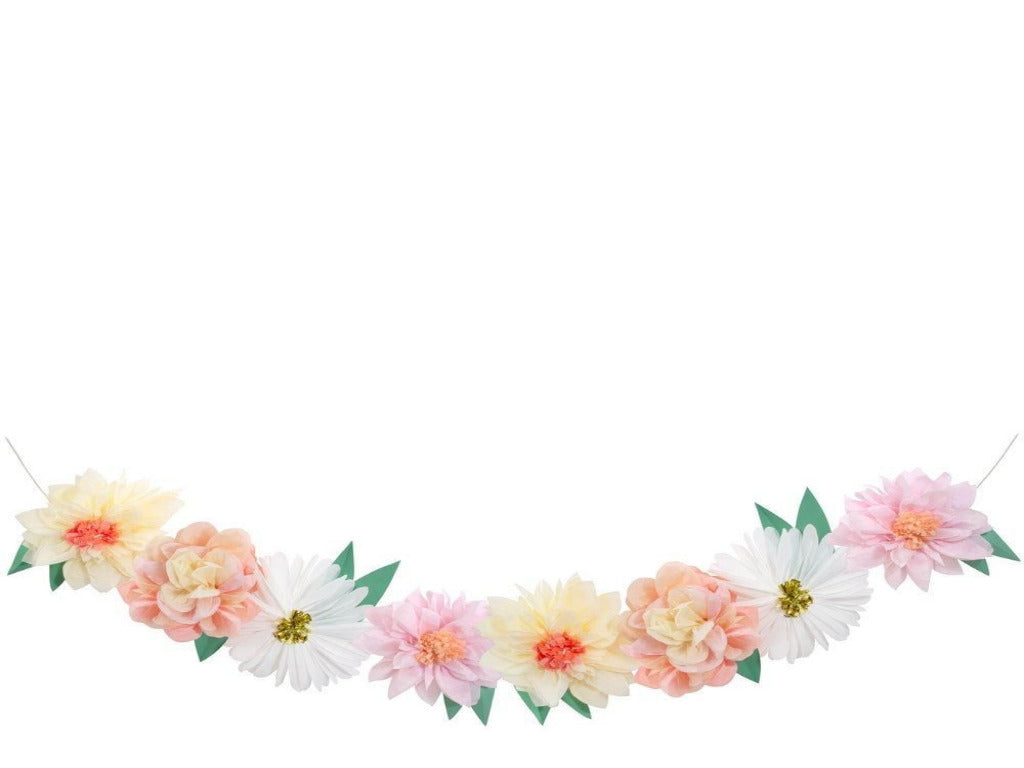 Giant floral garland and banner made by Meri Meri for tea party and summer garden floral party birthday in a box