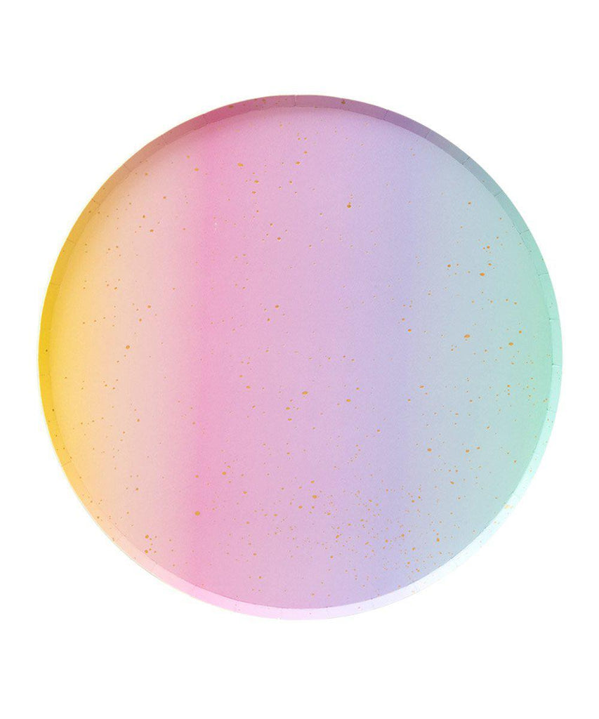 large rainbow ombre paper party plates. Made by Oh Happy Day