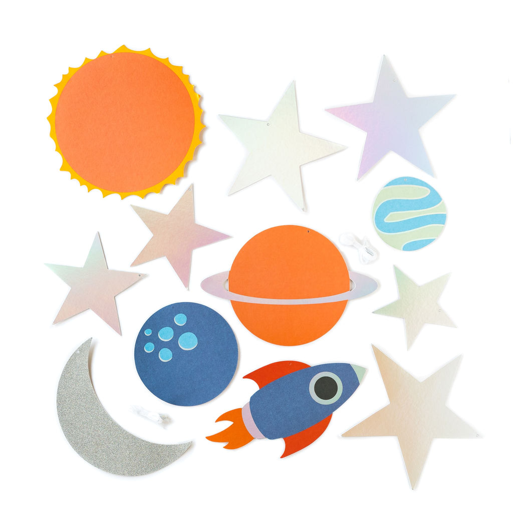 My Mind's eye hanging rocket spaceship planets stars and sun decor for outer space birthday party