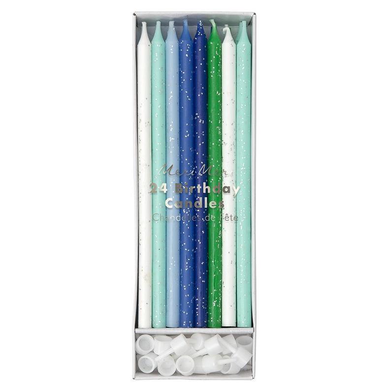 blue, green and white Meri meri birthday candles with silver sparkle
