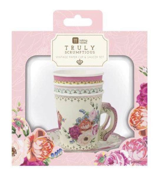truly scrumptious vintage paper tea cups and saucers from Talking Tables